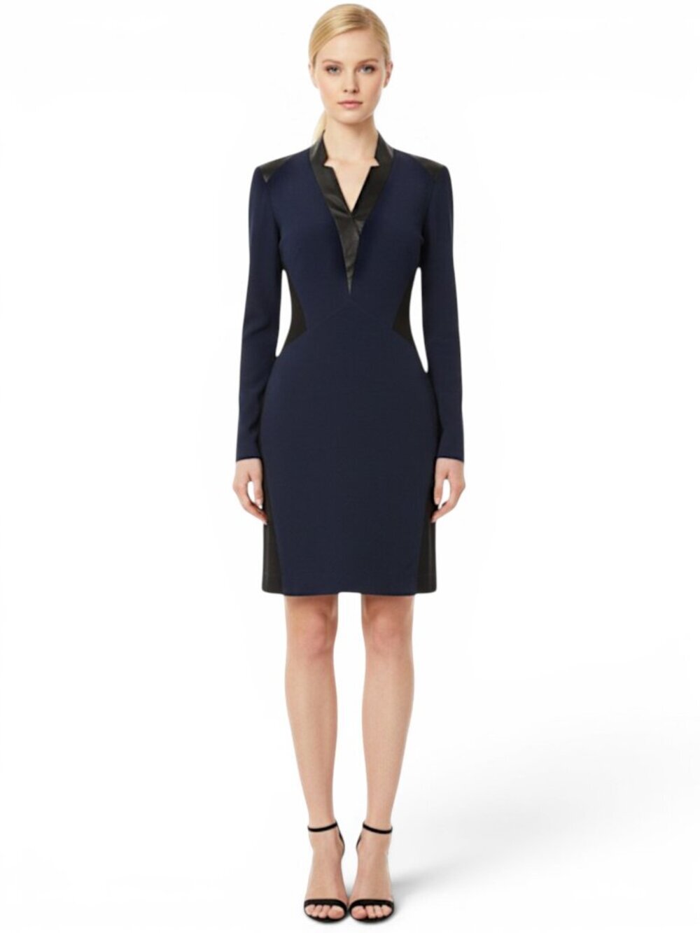 Nicole Miller Artelier Navy and Black Leather Trim Bodycon Long Sleeve Dress 2